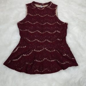 Love,Fire peplum maroon lace top.